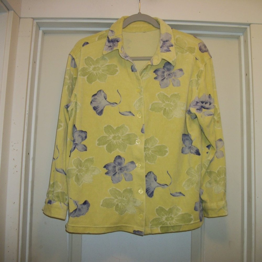 RETRO YELLOW & PURPLE BUTTON UP VELOUR BLOUSE LG